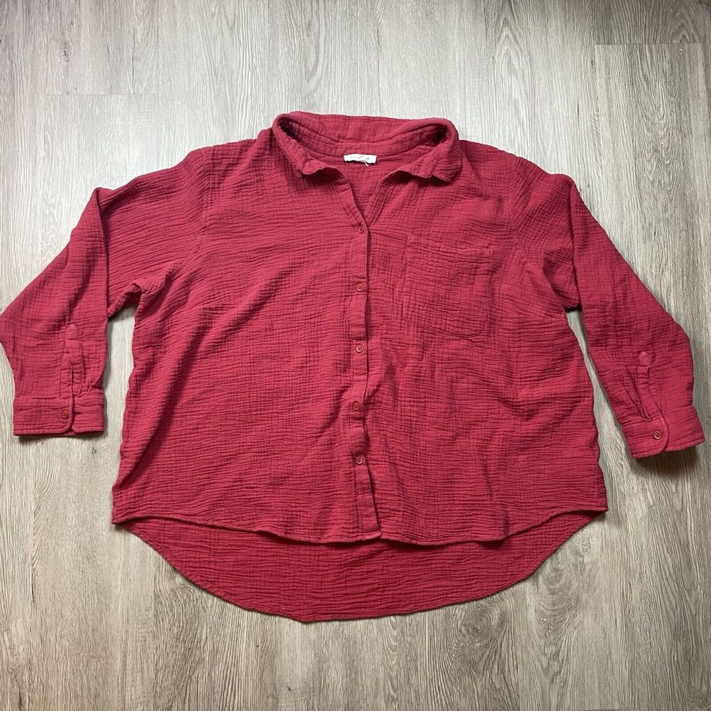 Beachlunchlounge Women's 3X Long Sleeve Button Up Shirt‎ Top Gauzy Red Comfort